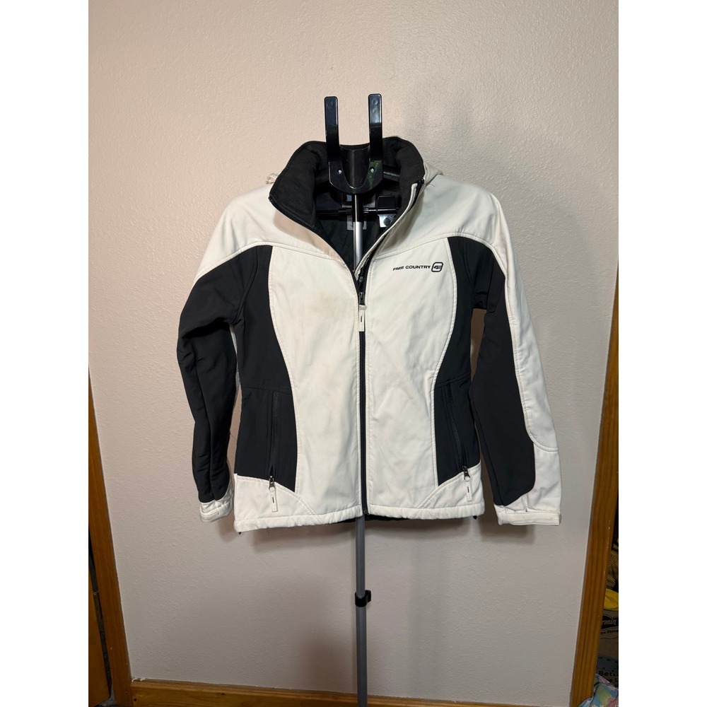 Free Country Womens Medium Softshell Hooded Jacket White Black Colorblock Fleece
